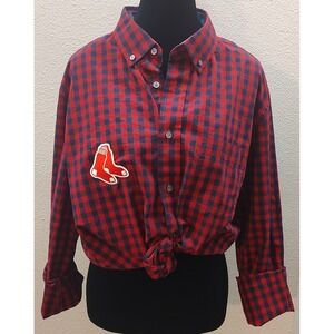Boston Red Sox Unisex XL Upcycled Red Blue White Plaid Button Down Baseball B18